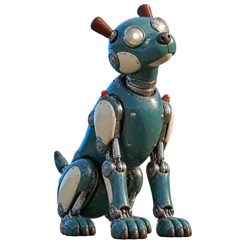 Dobro, anjing robot berlapis enamel teal, duduk tegak dengan mata lampu bulat.