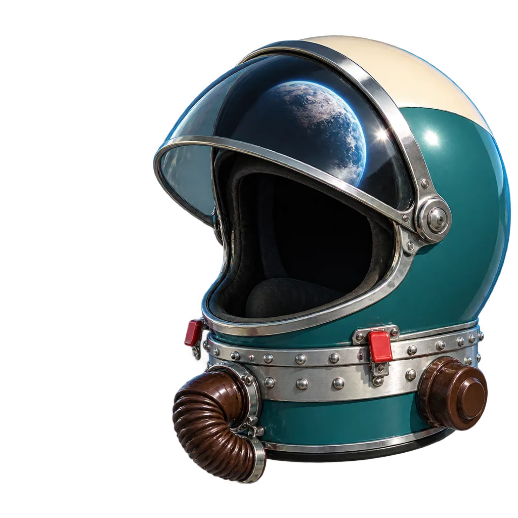 Helm kosmonaut krom dan enamel teal, visor setengah terbuka memantulkan Bumi biru.