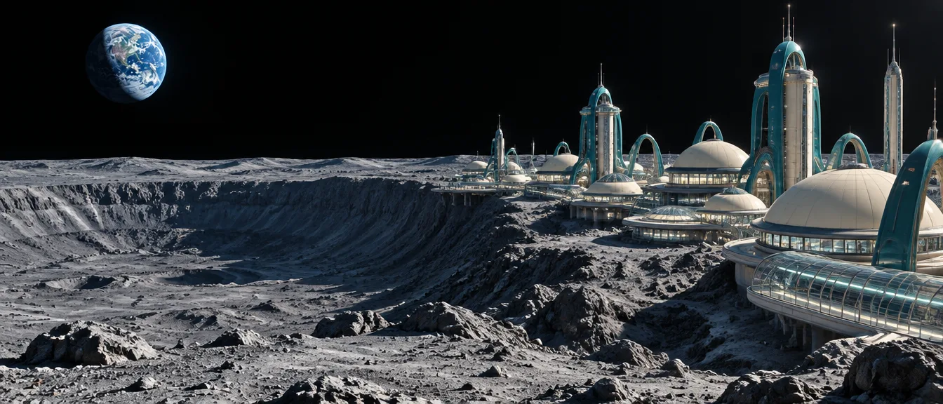 Halcyon Rim, kota bulan dengan kubah krem dan lengkung enamel teal di tepi kawah, Bumi terbit di langit hitam.