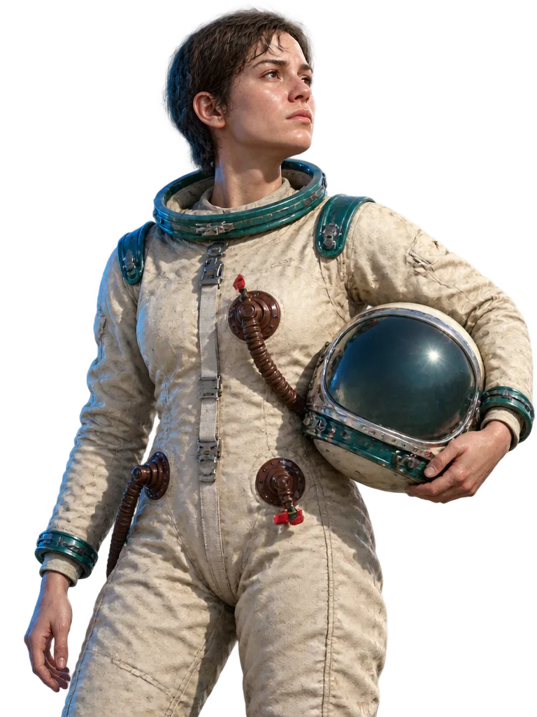 Zoya Kurbatova dalam baju tekanan kanvas krem, helm di bawah lengan, menatap ke arah roket.
